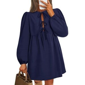 NWT Women's Dress Fall Long Puff Sleeve Self Tie Front Babydoll A Line Pleated S